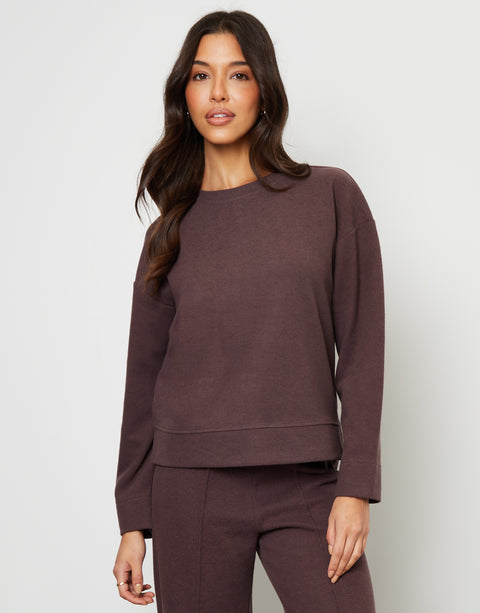 Threadbare Cosy Rib Relaxed Fit Sweatshirt in Chocolate Brown - front view