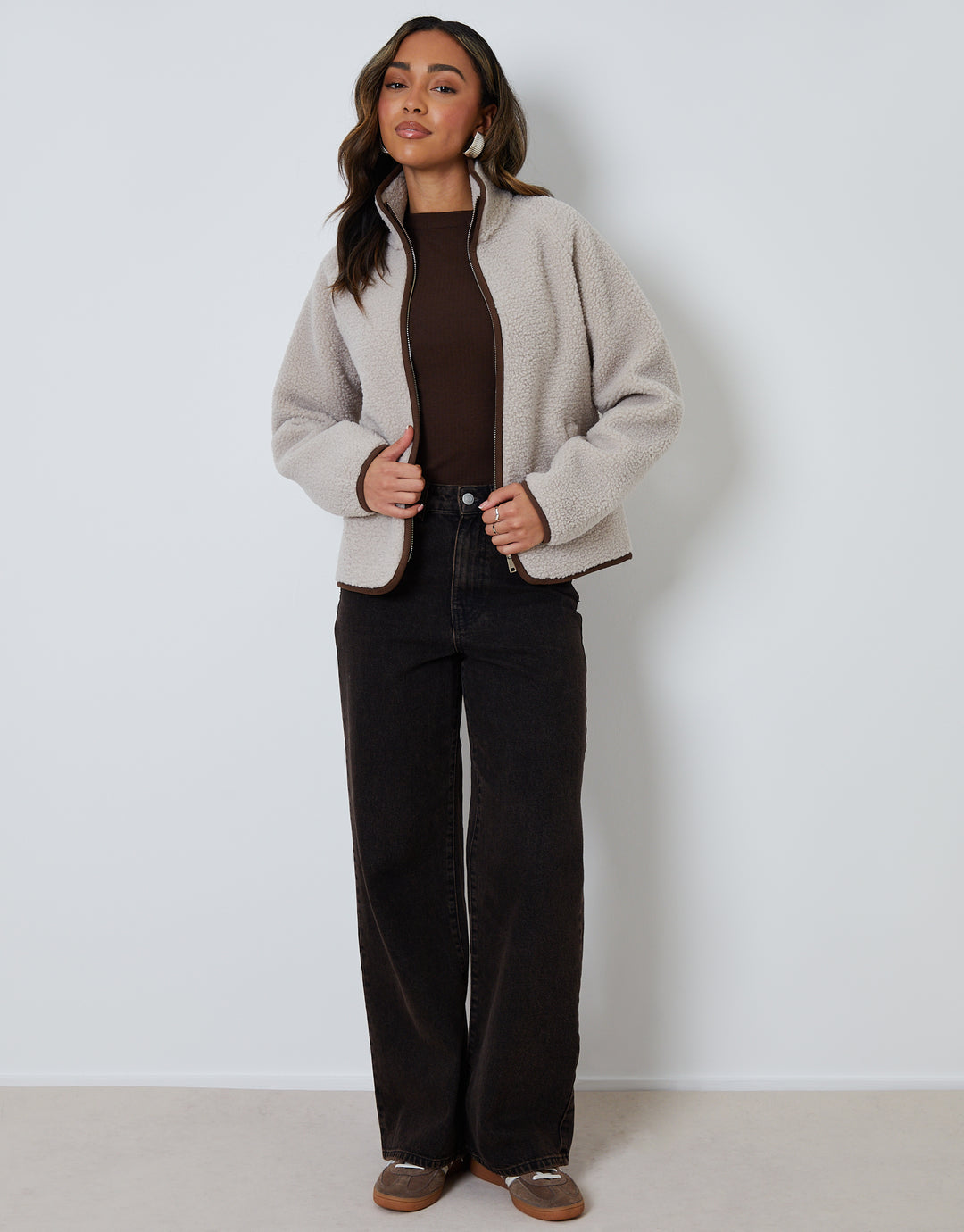 Mushroom Brown Zip Through Collared Borg Fleece