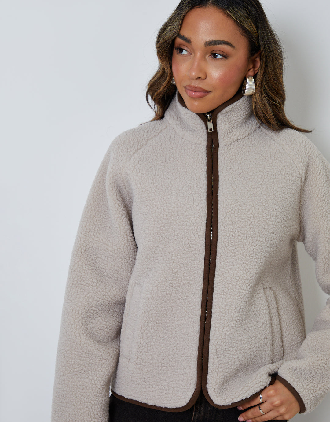Mushroom Brown Zip Through Collared Borg Fleece