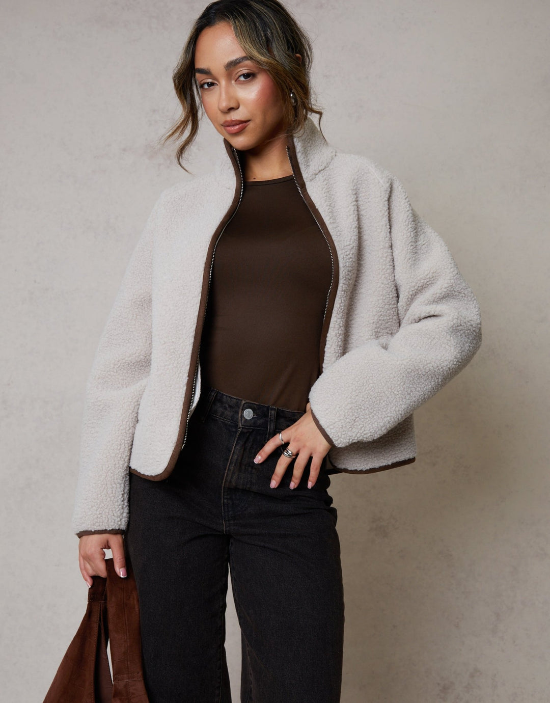 Worn Threadbare Threadbare Women's Mushroom Brown Zip Through Collared Borg Fleece
