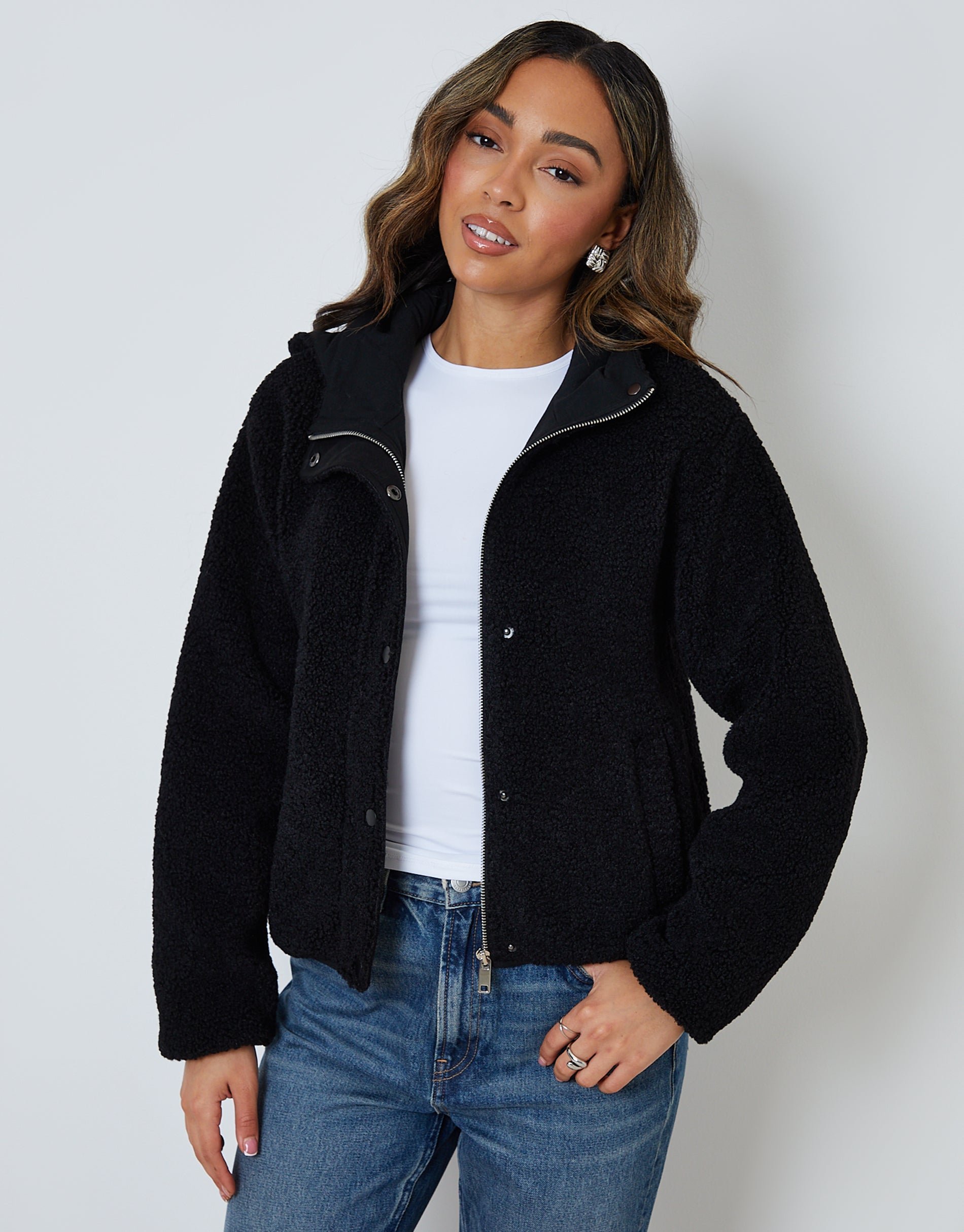 Threadbare Women's Black Hooded Snap Borg Fleece Bomber