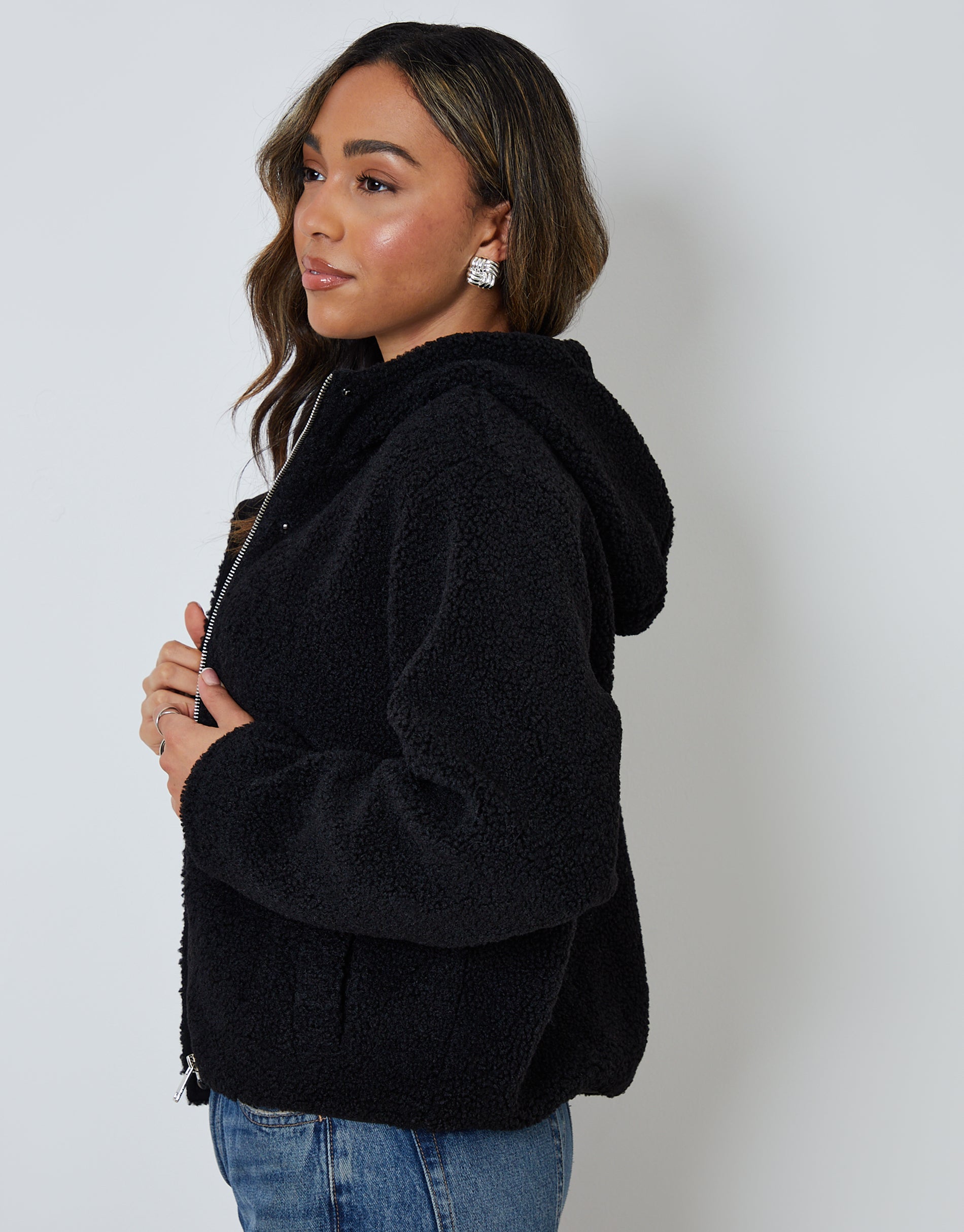 Threadbare Women's Black Hooded Snap Borg Fleece Bomber