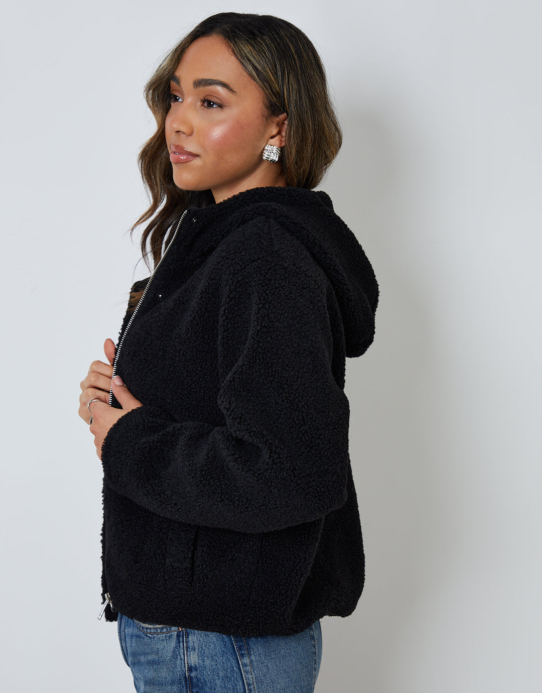 Black Hooded Snap Borg Fleece Bomber