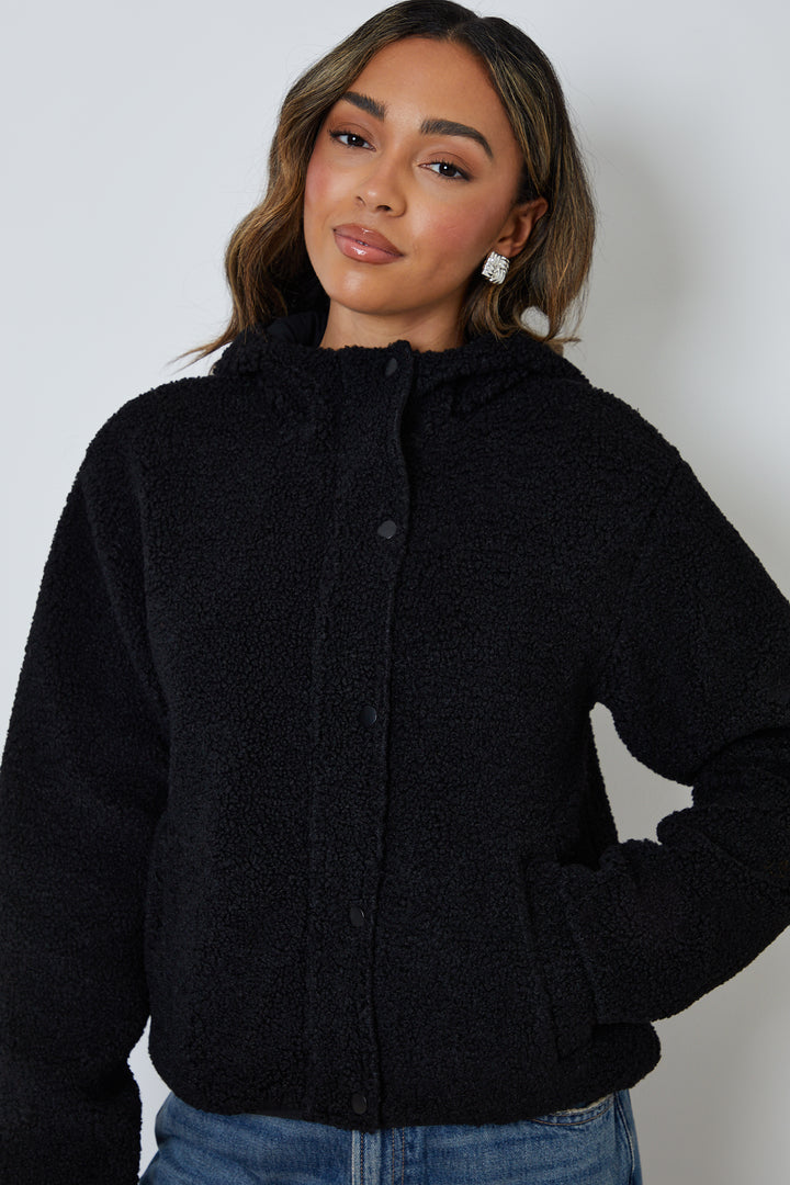 Black Hooded Snap Borg Fleece Bomber