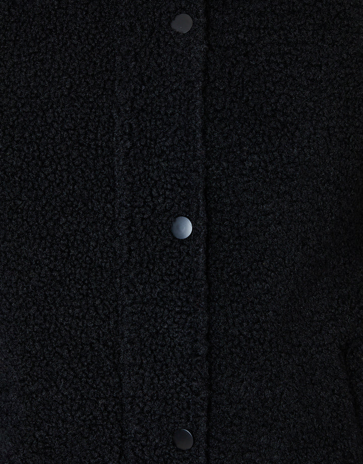 Black Hooded Snap Borg Fleece Bomber