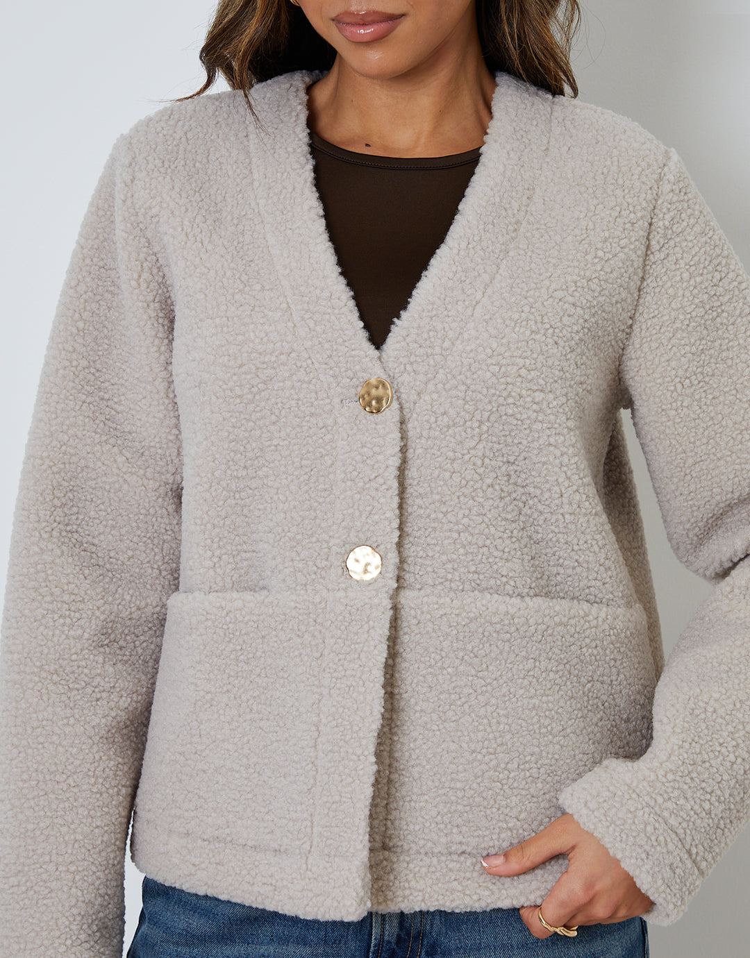 Mushroom Brown Button Up Borg Jacket