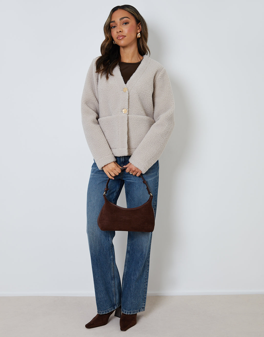 Mushroom Brown Button Up Borg Jacket