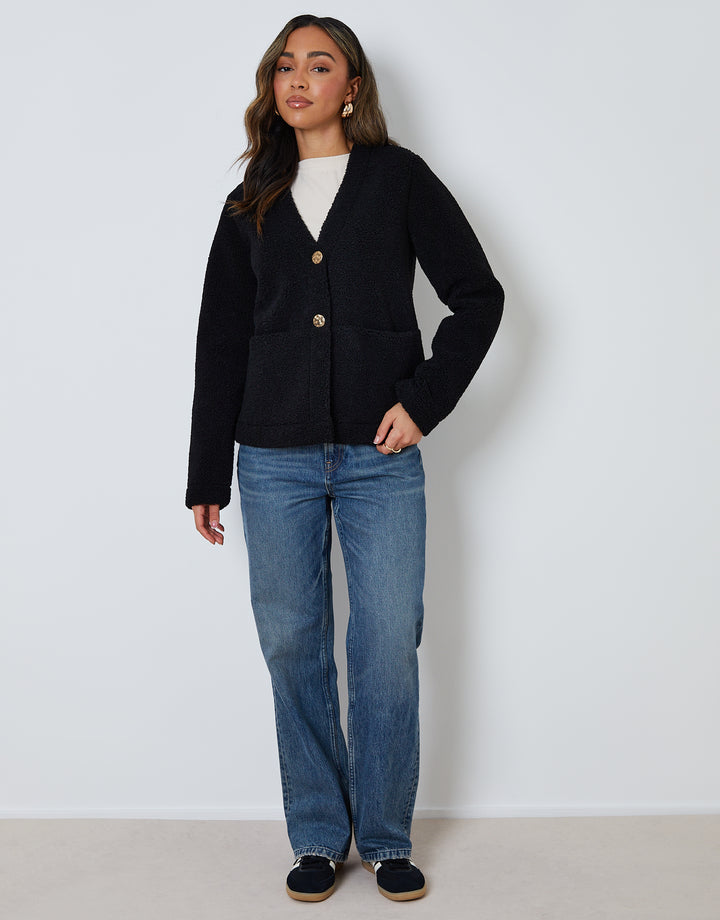 Black Button Up Borg Jacket