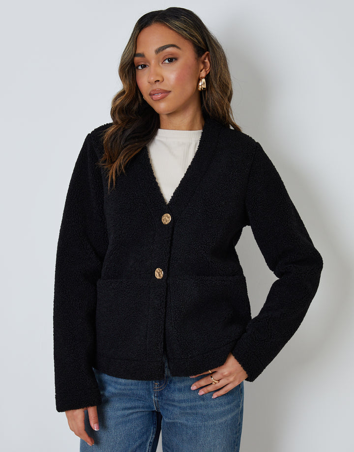 Black Button Up Borg Jacket