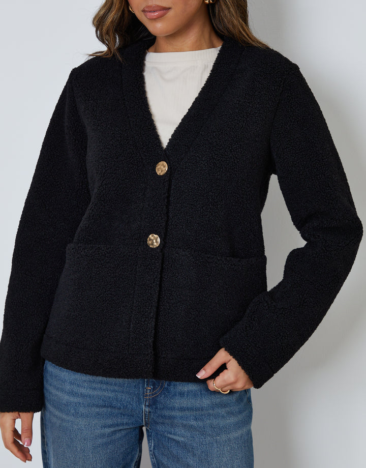 Black Button Up Borg Jacket