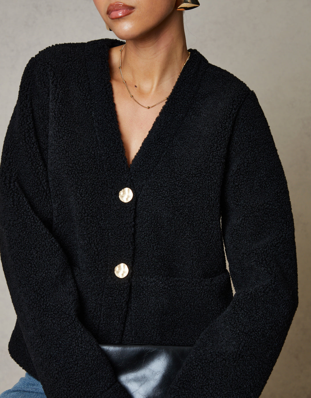 Black Button Up Borg Jacket