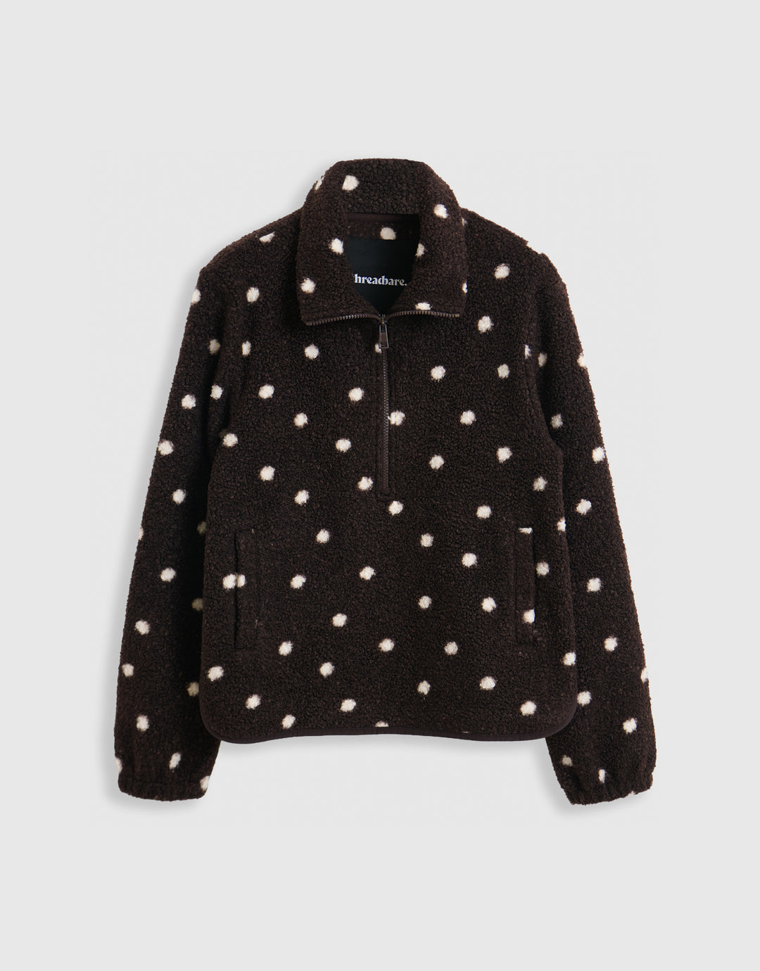 Threadbare Quarter Zip Fleece in Chocolate Brown Polka Dot - mannequin image