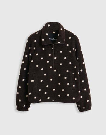 Threadbare Quarter Zip Fleece in Chocolate Brown Polka Dot - mannequin image