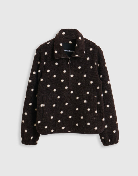 Threadbare Quarter Zip Fleece in Chocolate Brown Polka Dot - mannequin image