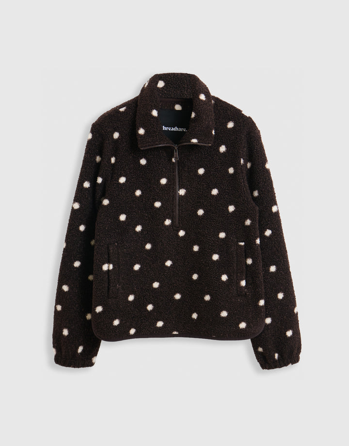 Threadbare Quarter Zip Fleece in Chocolate Brown Polka Dot - mannequin image