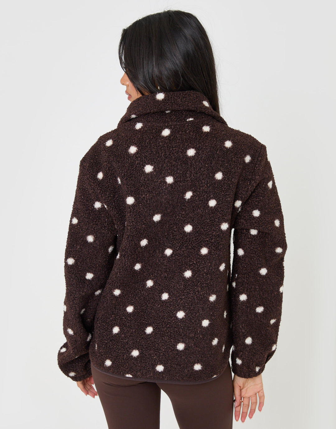 Threadbare Quarter Zip Fleece in Chocolate Brown Polka Dot - back view