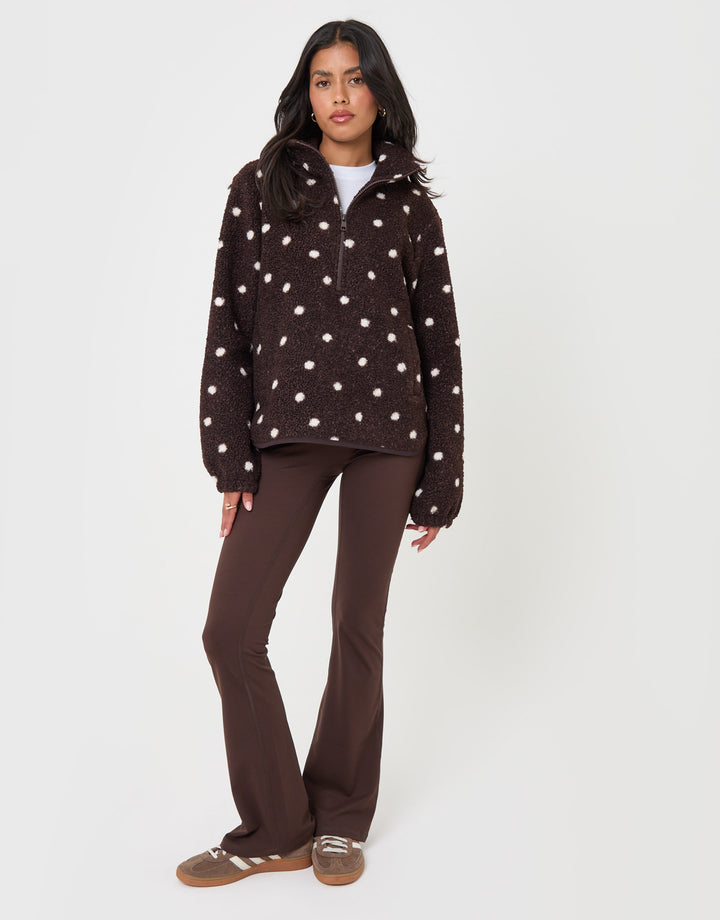 Threadbare Quarter Zip Fleece in Chocolate Brown Polka Dot - full body