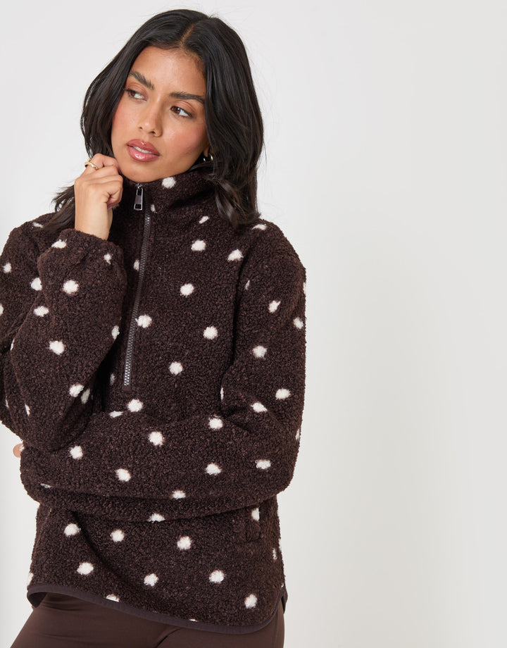 Threadbare Quarter Zip Fleece in Chocolate Brown Polka Dot - front view