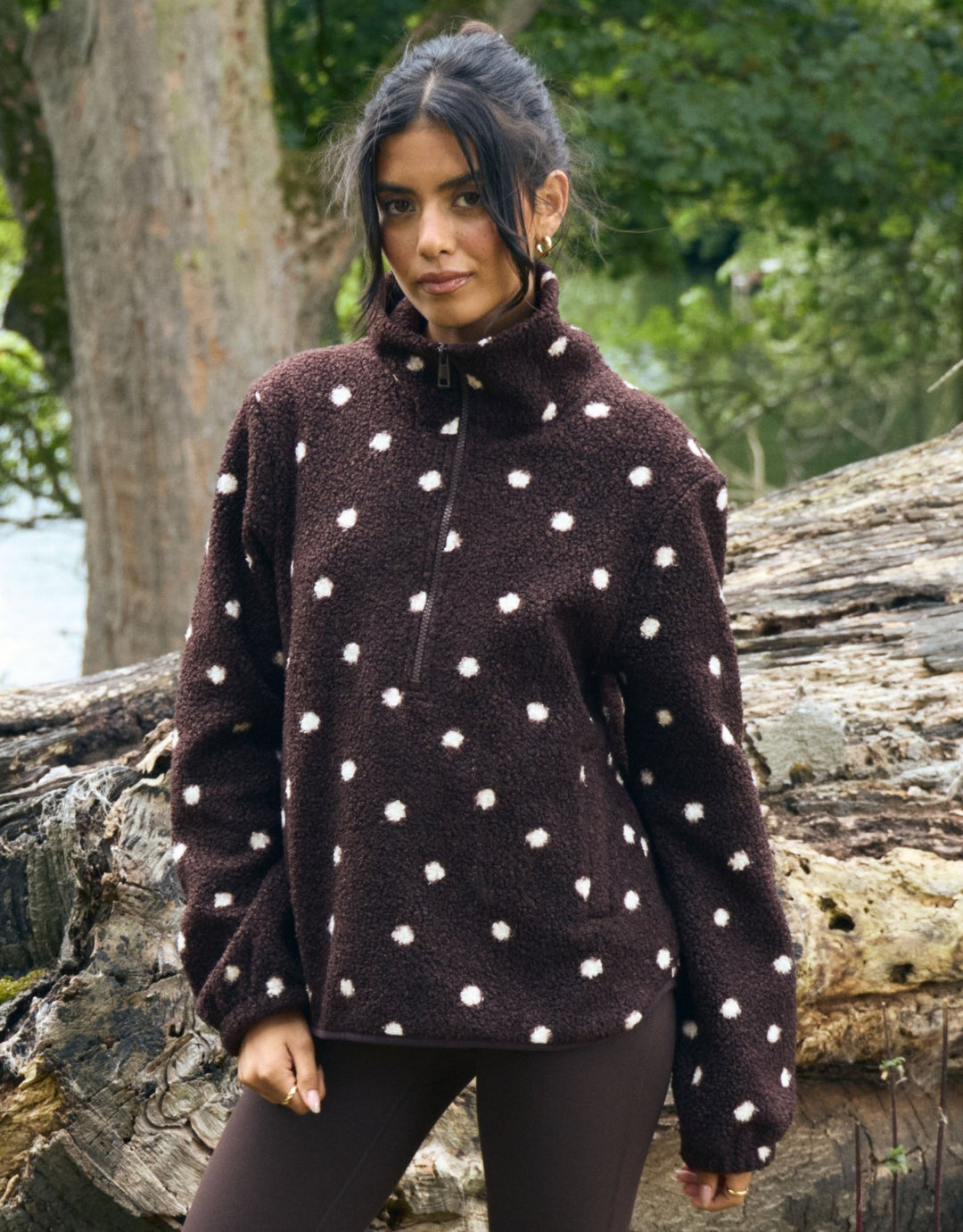 Quarter Zip Fleece in Chocolate Brown Polka Dot