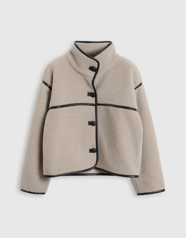 Tab Detail Funnel Neck Fleece in Mushroom Brown