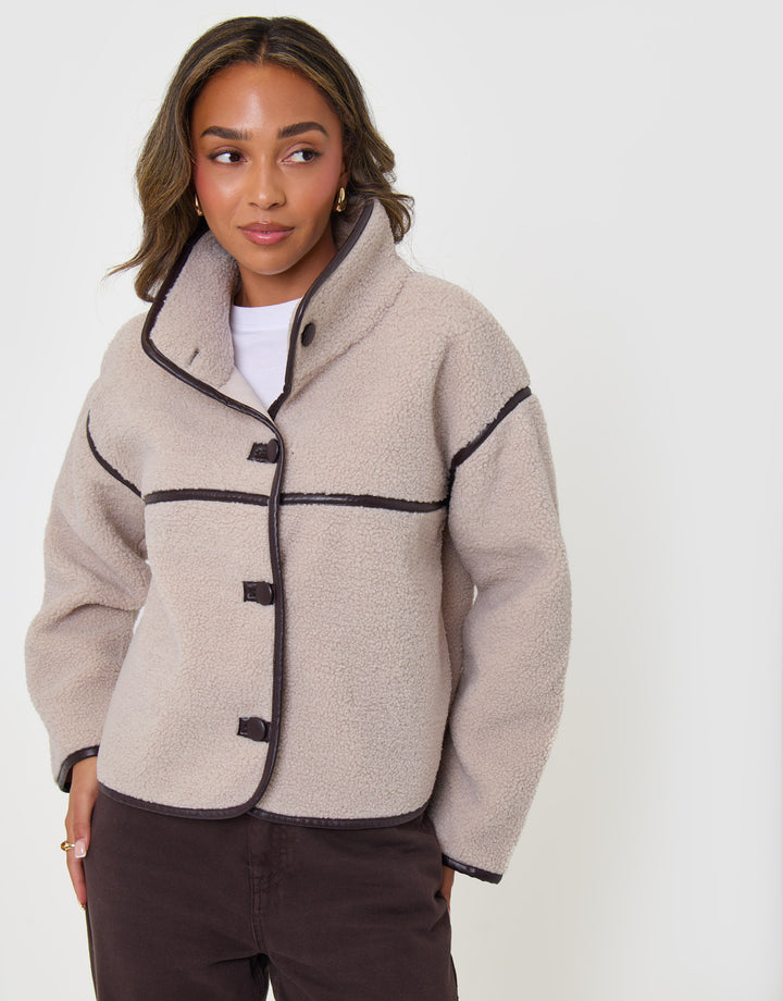Threadbare Tab Detail Funnel Neck Fleece in Mushroom Brown - front view
