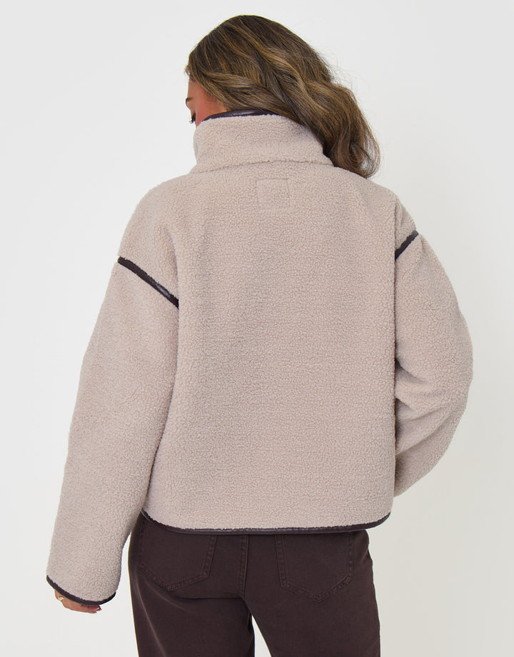 Threadbare Tab Detail Funnel Neck Fleece in Mushroom Brown - back view