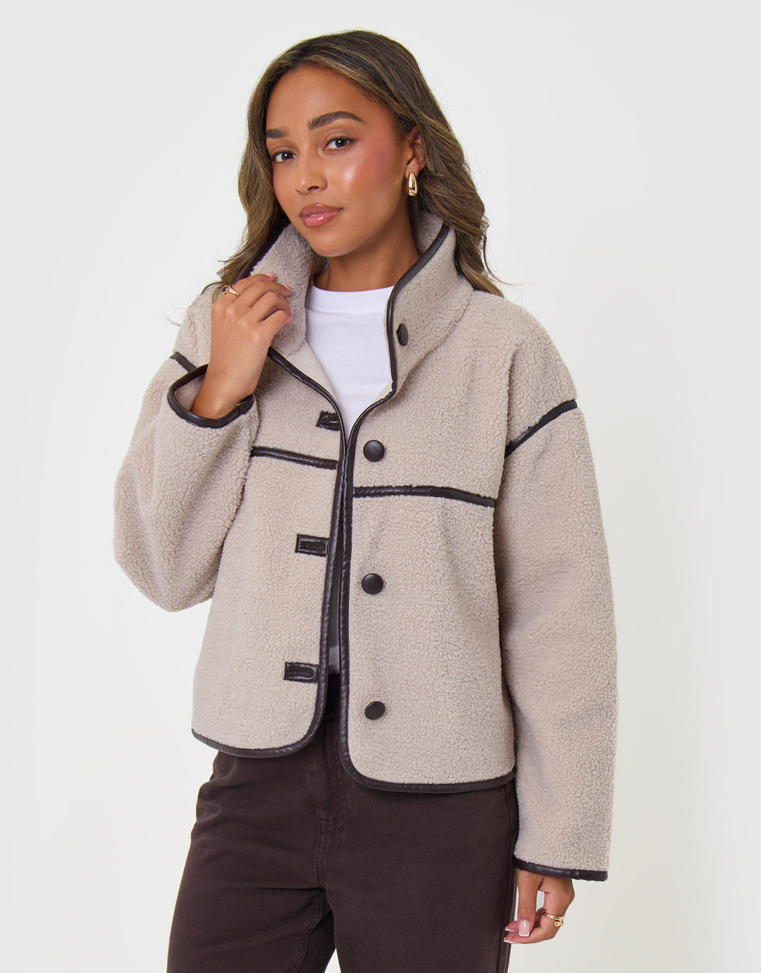 Threadbare Tab Detail Funnel Neck Fleece in Mushroom Brown - detail