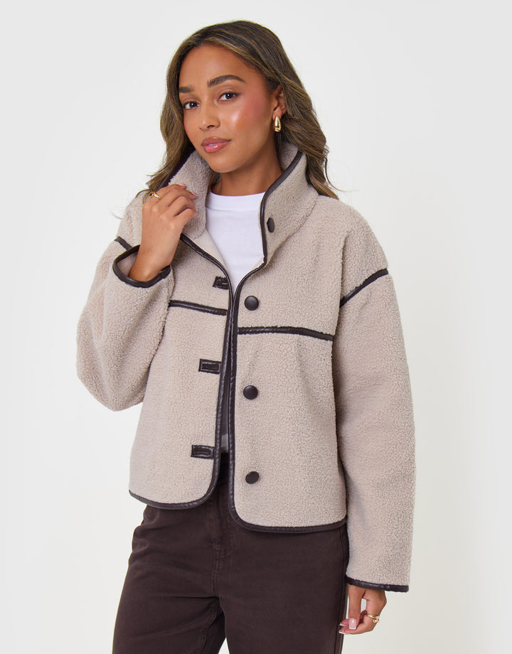 Threadbare Tab Detail Funnel Neck Fleece in Mushroom Brown - detail