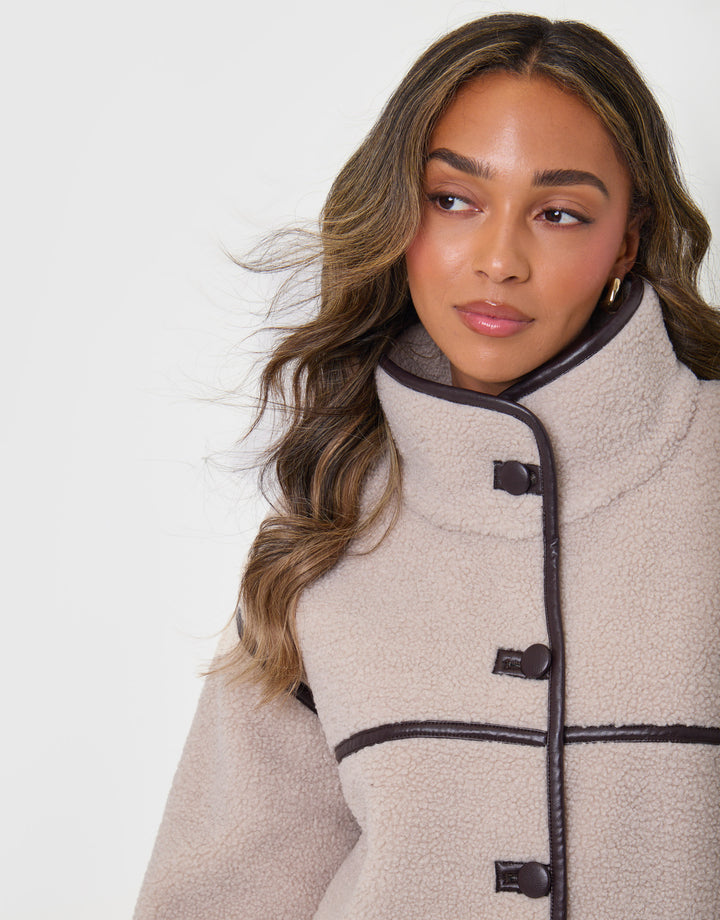 Threadbare Tab Detail Funnel Neck Fleece in Mushroom Brown - close up