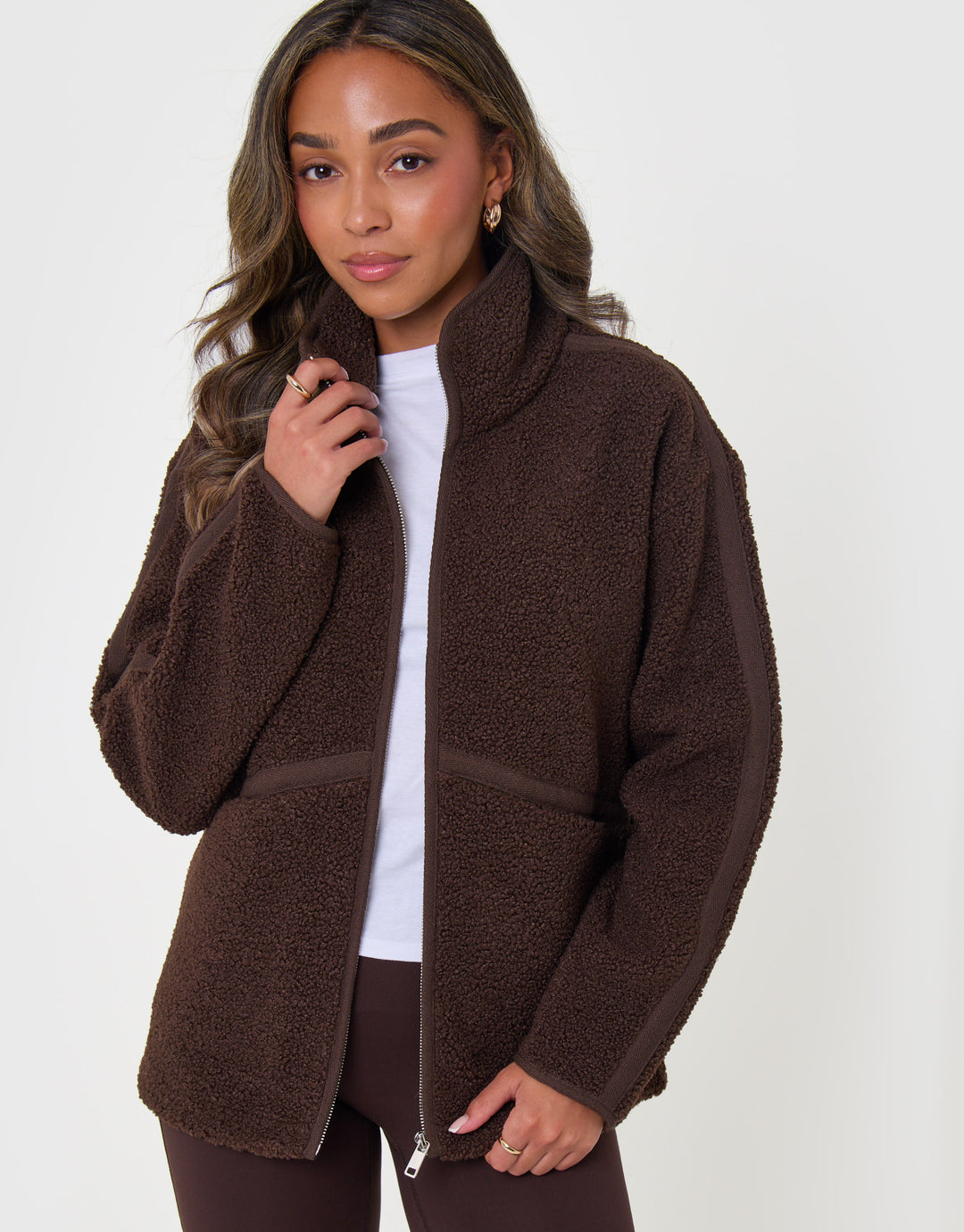Threadbare Contrast Binding Funnel Neck Fleece in Chocolate Brown - front view