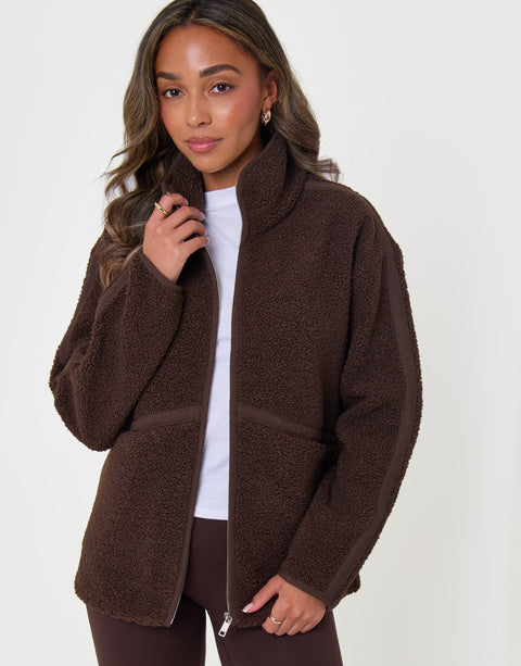 Threadbare Contrast Binding Funnel Neck Fleece in Chocolate Brown - front view