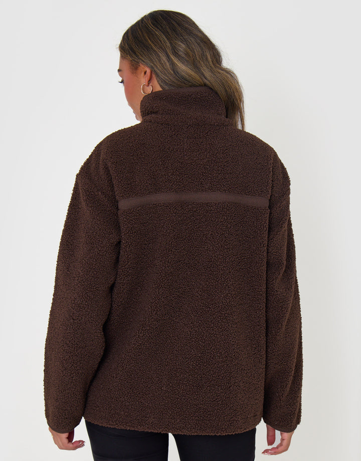 Threadbare Contrast Binding Funnel Neck Fleece in Chocolate Brown - back view