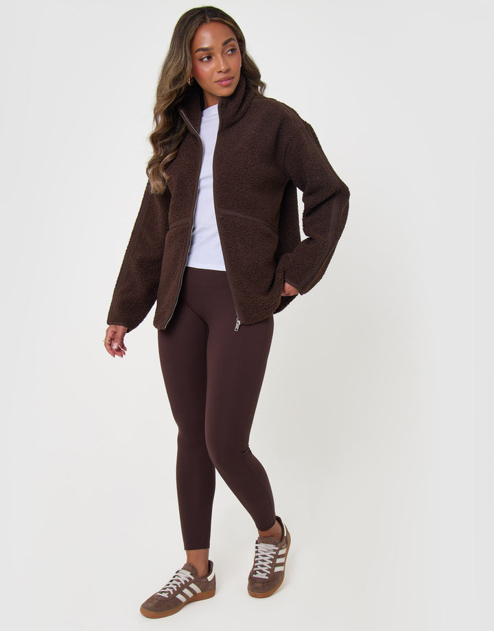 Threadbare Contrast Binding Funnel Neck Fleece in Chocolate Brown - full body