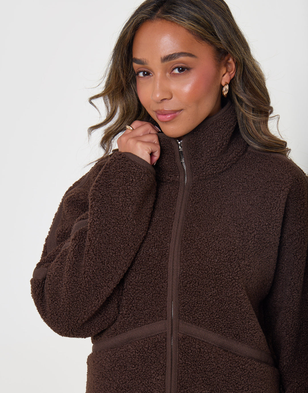 Threadbare Contrast Binding Funnel Neck Fleece in Chocolate Brown - detail