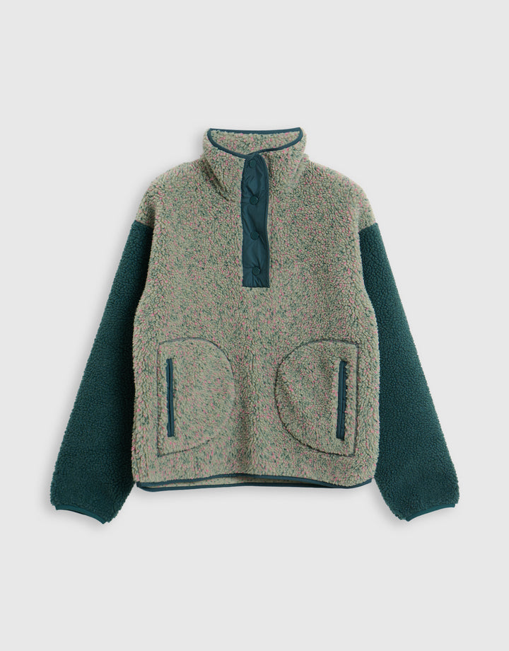 Contrast Sleeve Funnel Neck Fleece in Green