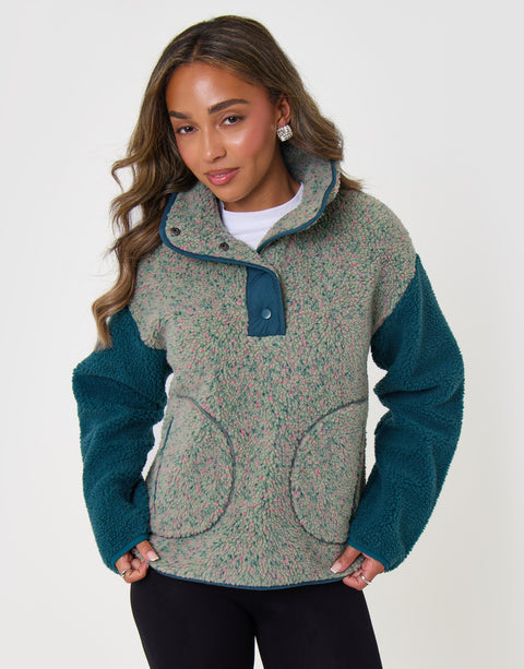 Threadbare Contrast Sleeve Funnel Neck Fleece in Green - front view