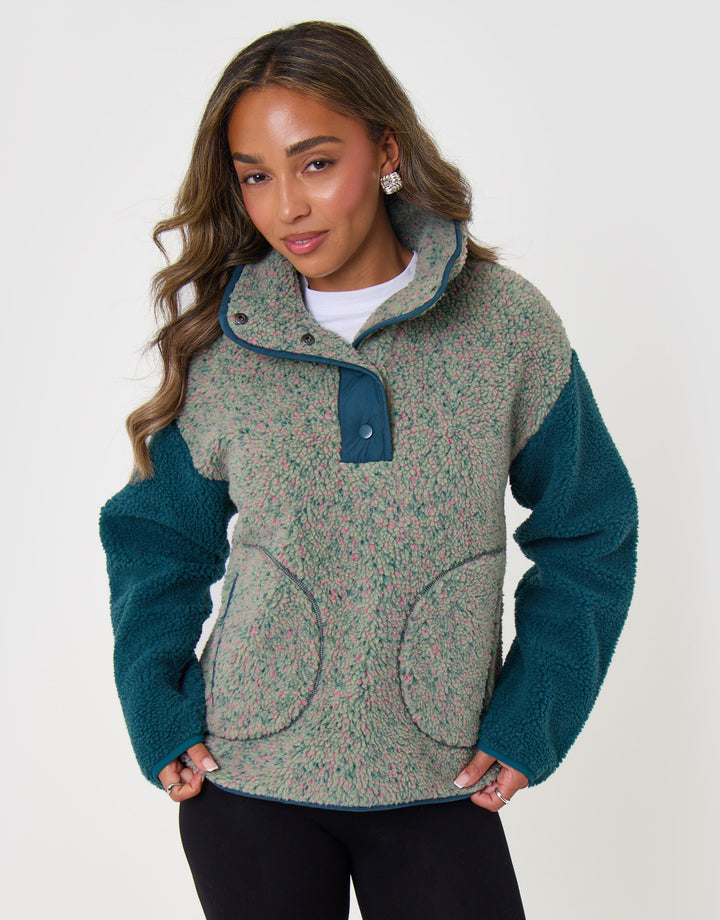 Threadbare Contrast Sleeve Funnel Neck Fleece in Green - front view