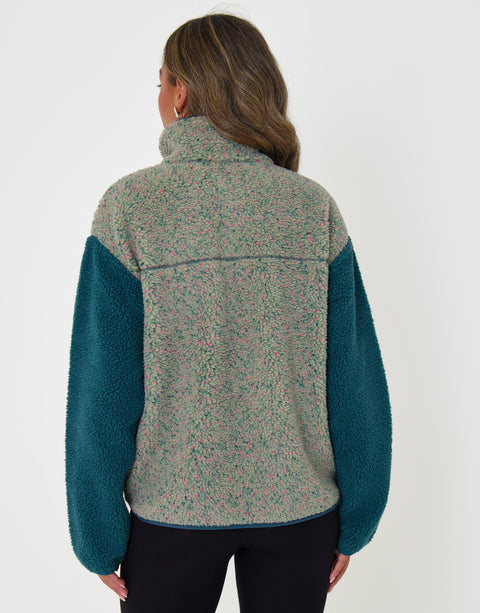 Threadbare Contrast Sleeve Funnel Neck Fleece in Green - back view