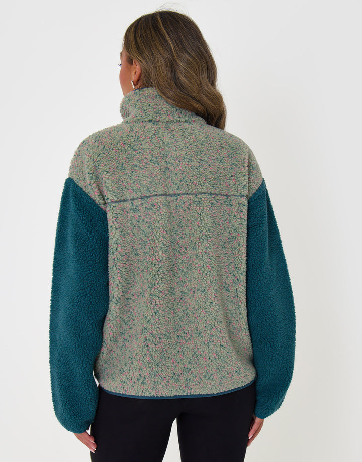 Threadbare Contrast Sleeve Funnel Neck Fleece in Green - back view