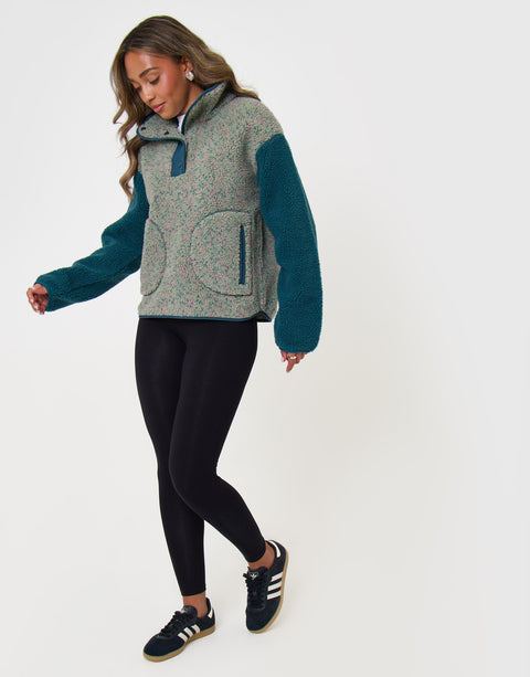 Threadbare Contrast Sleeve Funnel Neck Fleece in Green - full body