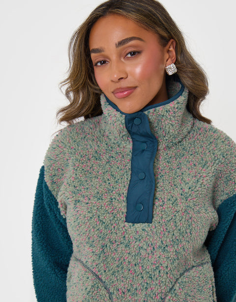 Threadbare Contrast Sleeve Funnel Neck Fleece in Green - close up