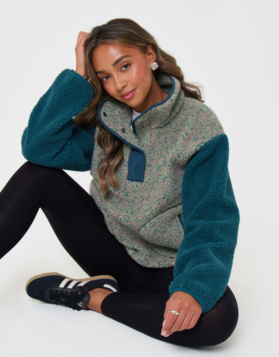 Threadbare Contrast Sleeve Funnel Neck Fleece in Green - sat down
