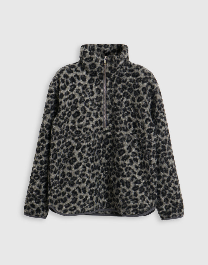 Borg Fleece Pull Over in Leopard Print