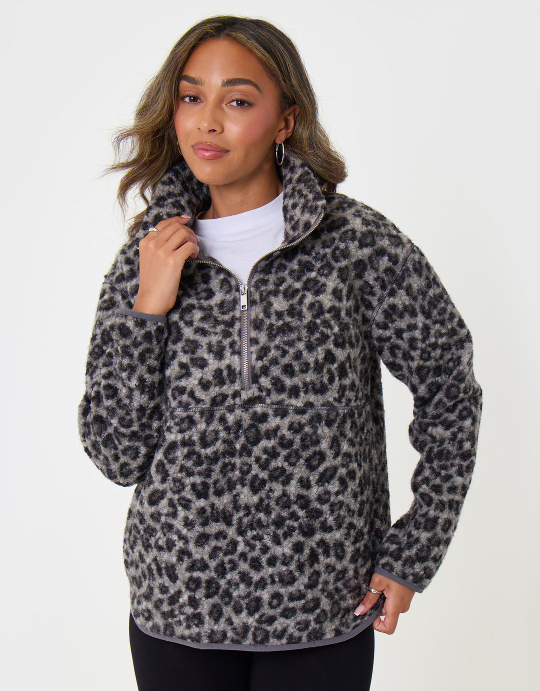Threadbare Borg Fleece Pull Over in Leopard Print - front view