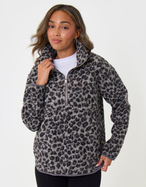 Threadbare Borg Fleece Pull Over in Leopard Print - front view
