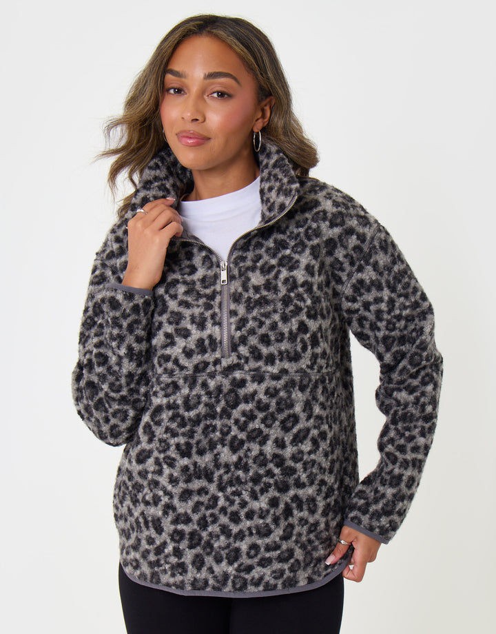Threadbare Borg Fleece Pull Over in Leopard Print - front view