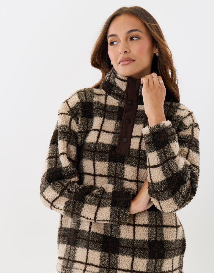 Borg Funnel Neck Fleece in Ecru Check