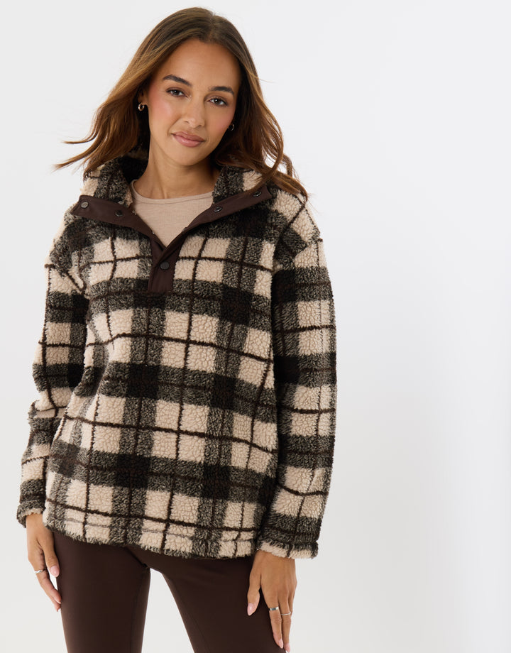 Borg Funnel Neck Fleece in Ecru Check