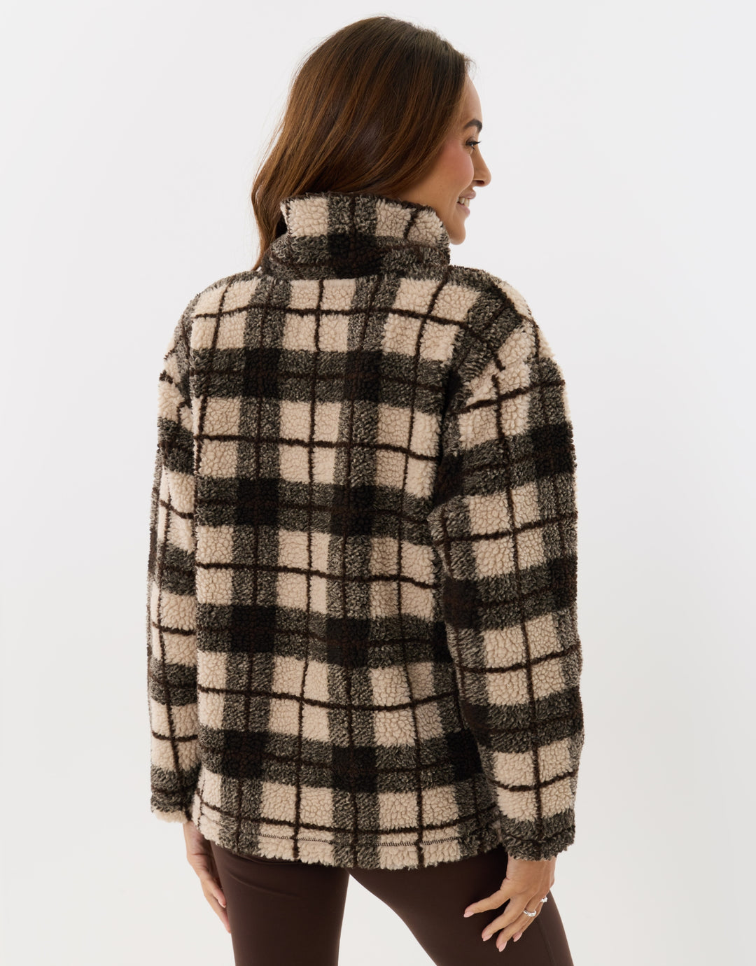 Borg Funnel Neck Fleece in Ecru Check