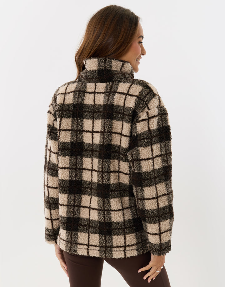 Borg Funnel Neck Fleece in Ecru Check